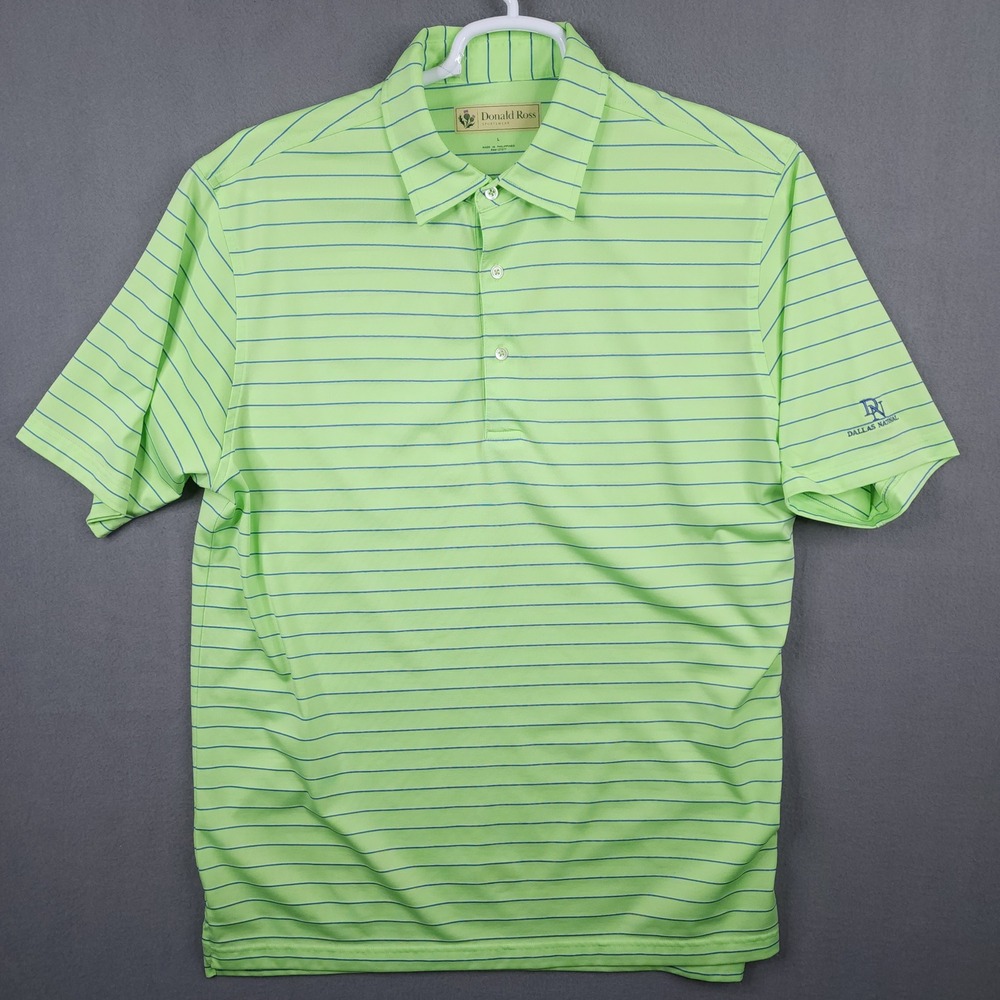 Donald Ross Polo Mens L Green Striped Dallas National Golf Performance Shirt